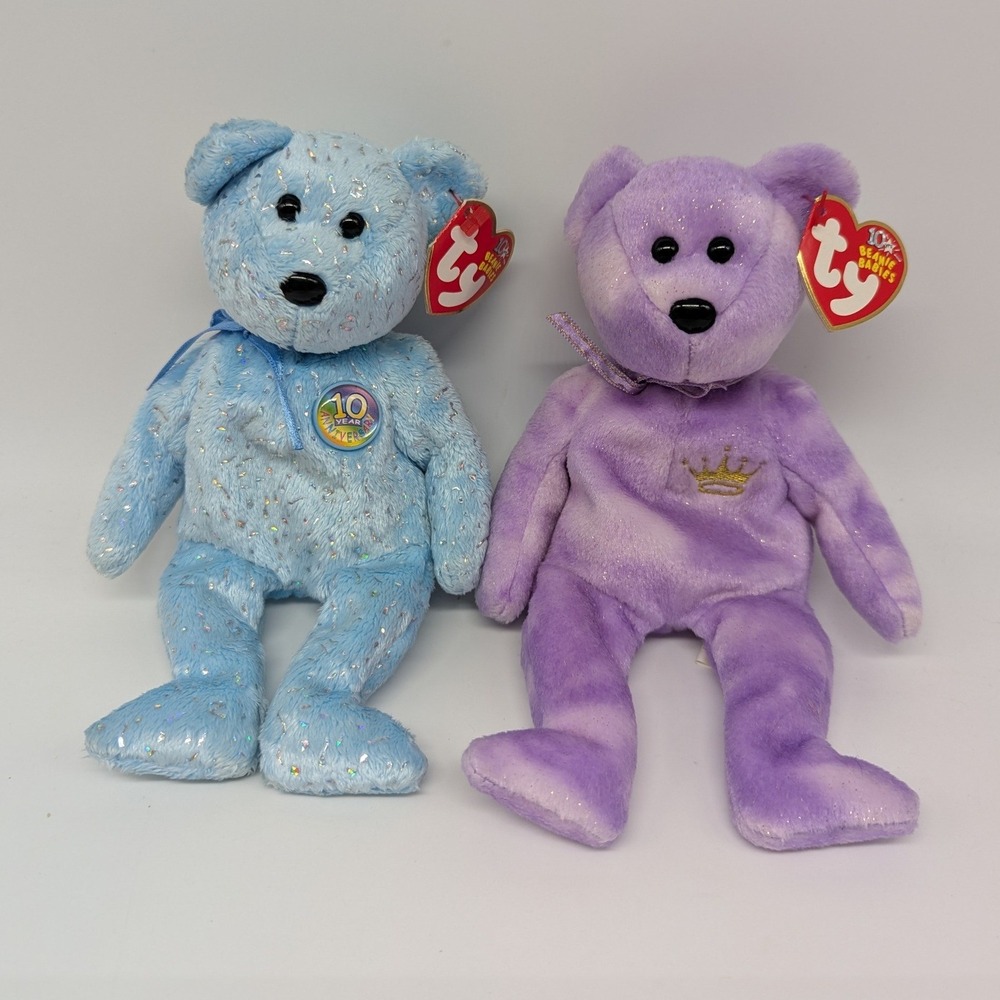 Ty Beanie Babies Decade Yours Truly Blue Purple Bear Lot 10th Anniversary Crown